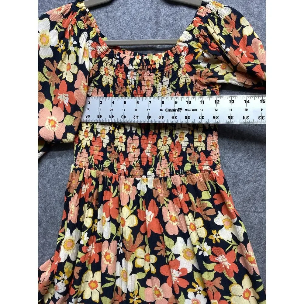 Billabong Dress Womens Large Black Floral Smocked Long Sleeve Boho Mini - Picture 2 of 9